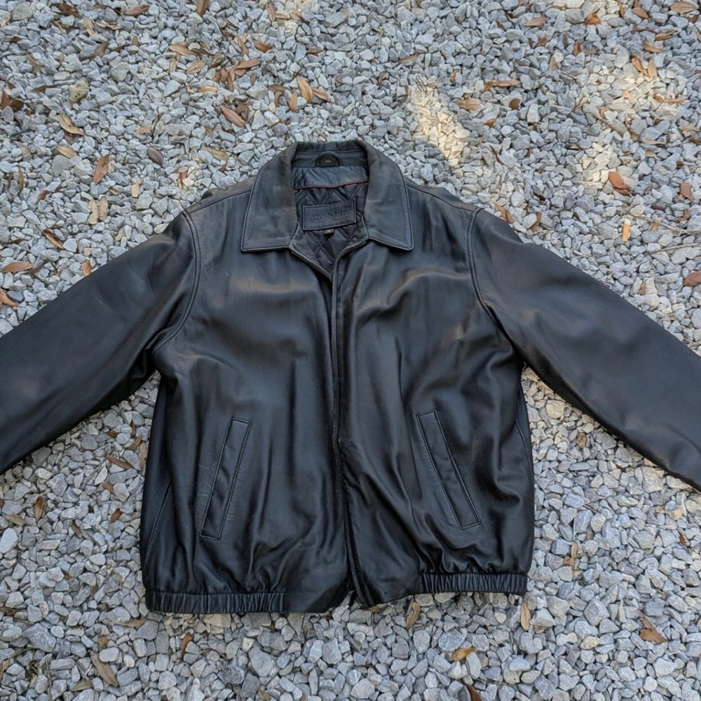 St. Johns Bay Mens Black Leather Bomber Jacket XL Full Zip Quilted Lining